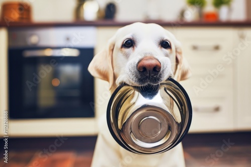 Dog waiting for feeding with empty bowl in his mouth photo
