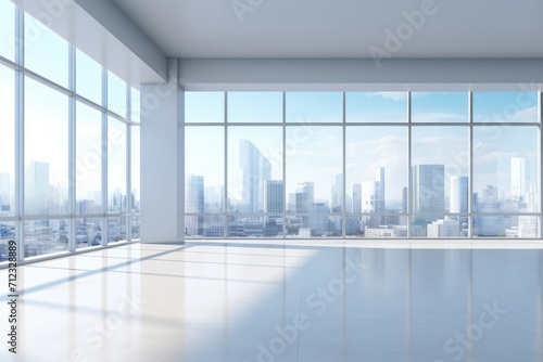 Clean exhibition hall interior with empty mock up place on wall, panoramic window and city view