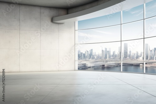 Clean exhibition hall interior with empty mock up place on wall, panoramic window and city view © Eyepain