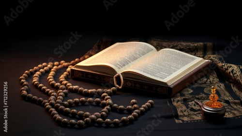 Quran or Kuran, the holy book of Islam, on a dark background, with rosary beads. copy space - generative ai