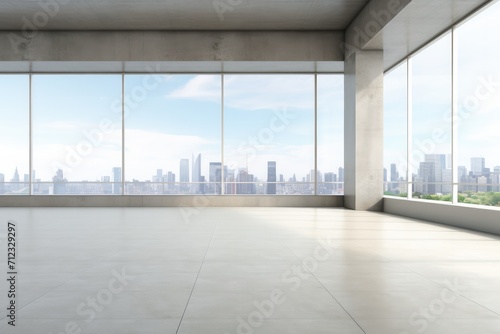 Clean exhibition hall interior with empty mock up place on wall, panoramic window and city view