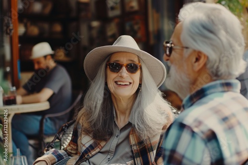 Side view of an elderly lady and a man smiling, sitting at a table outside in the afternoon