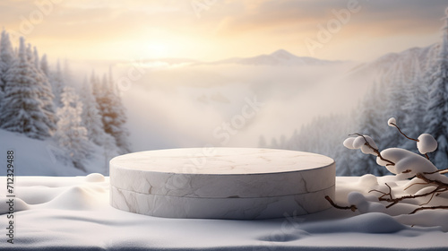 Product presentation with a stone plinth in the middle snow falling and views of the snowy mountains as far as the eye can see. White stone podium in snow view © PT