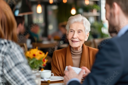 Side view of an elderly lady and a man smiling, sitting at a table outside in the afternoon