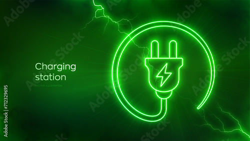 Charging station icon with electrical energy glow effect. Electric plug symbol. Charging point station concept. Electric supply station. Electrical discharge effects. Vector illustration.