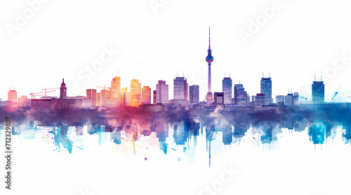berlin skyline, night, abstract illustration in the style of an explainer video, geometrical shapes and lines only, low detail, white background