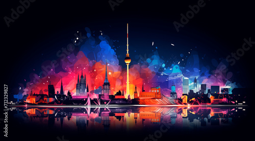 berlin skyline  night  abstract illustration in the style of an explainer video  geometrical shapes and lines only  low detail  white background