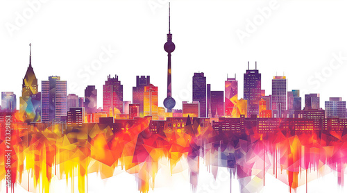 berlin skyline, night, abstract illustration in the style of an explainer video, geometrical shapes and lines only, low detail, white background