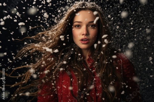 Close-up winter fashion portrait of young beautiful girl in snowy weather on dark black background