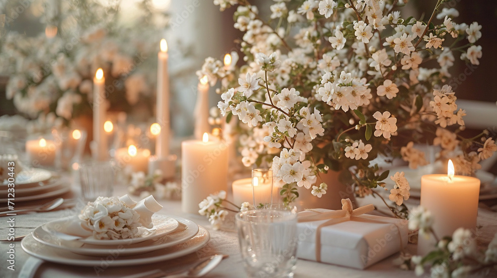 A dreamy scene of a romantic White Day table setting, adorned with delicate white flowers, elegant candles, and an array of beautifully wrapped gifts, creating a visually enchantin A dreamy scene of a romantic White Day table setting, adorned with delicate white flowers, elegant candles, and an array of beautifully wrapped gifts, creating a visually enchantin
