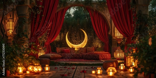 Red and Gold Elegance: Crescent Moon, Radiant Lanterns - Opulent Night Ambiance - Capture the Luxurious Beauty in a Dazzling Scene
