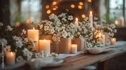A dreamy scene of a romantic White Day table setting, adorned with delicate white flowers, elegant candles, and an array of beautifully wrapped gifts, creating a visually enchantin