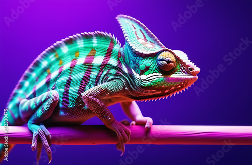 chameleon in neon light on purple background close up side view