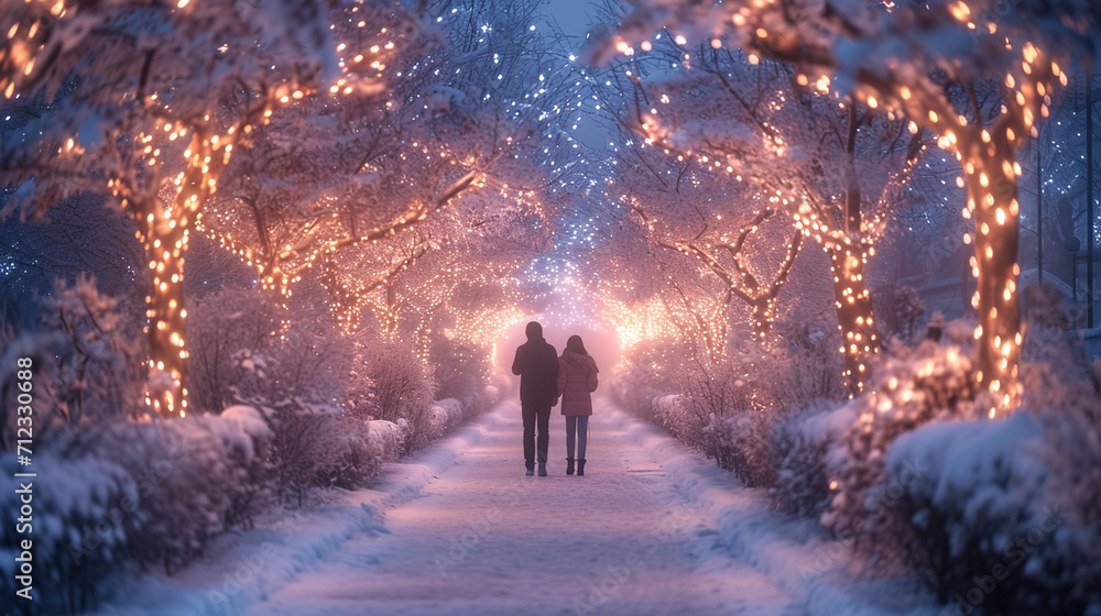 A picturesque image of a couple strolling through a white garden adorned with fairy lights and blossoms, evoking a sense of enchantment and romance on the special occasion of White A picturesque image of a couple strolling through a white garden adorned with fairy lights and blossoms, evoking a sense of enchantment and romance on the special occasion of White