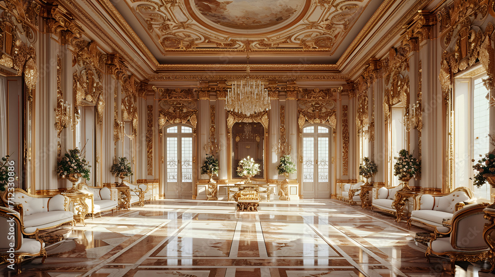 A classic extravagant European style palace room with gold decorations. Realistic illustration. wide format, Hand edited generative AI