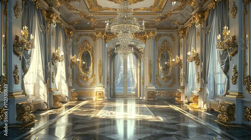 A classic extravagant European style palace room with gold decorations. Realistic illustration. wide format, Hand edited generative AI