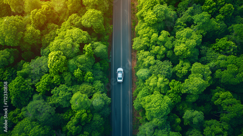 Car in rural road in deep rain forest with green tree forest, Aerial view car in the forest. generative ai