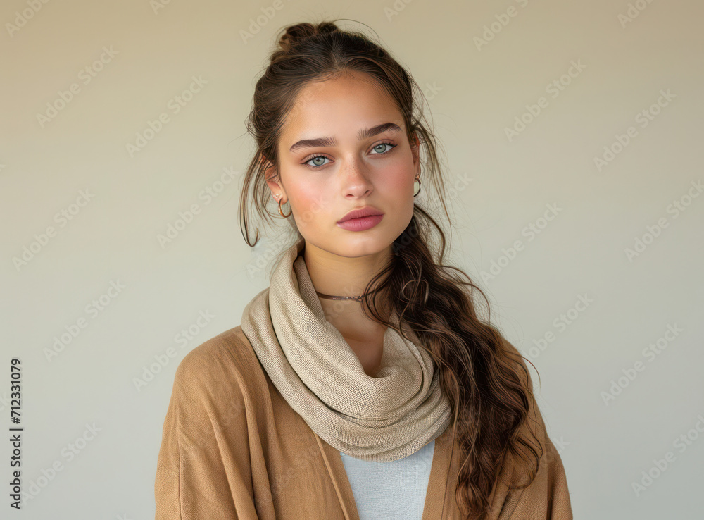 Obraz premium Pretty Young Caucasian Female with Attractive Style, Posing Outdoors in Autumn, Wearing Cute Scarf and Casual Sweater, Enjoying Leisure Time in the City.