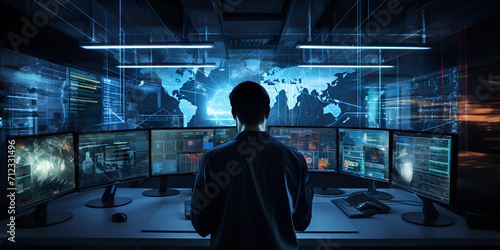 A cybersecurity professional working on multiple monitors displaying various, Male programmer or hacker in front of many screens with program data on them, 

 photo