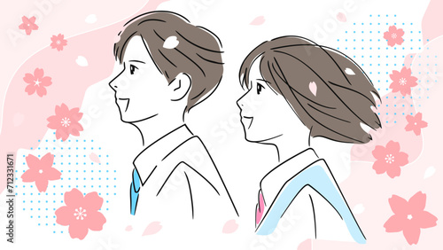受験の合格発表、桜咲く笑顔の卒業式、男女の青春、3月の学校生活のベクターイラスト背景素材