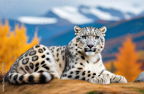 
snow leopard lies close-up against the background of autumn nature, mountains, yellow leaves