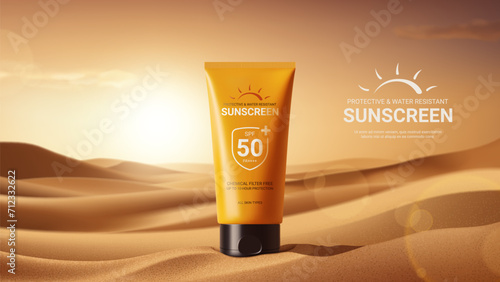 Ad banner for promotion sunscreen. Concept of minimalist design of advertisement of sunscreen. Vector illustration with tube with cream on desert sand with sunset on background. Ad of cosmetics. photo