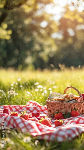 A playful Valentine's day picnic scene set on a bright grassy field, with a red and white checked blanket, a basket of strawberries, heart-shaped sandwiches. Vertical orientation. 