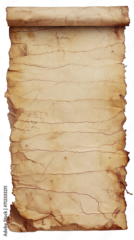 Blank page of centuries-old paper in transparent background. Vintage paper design texture. Generative AI.