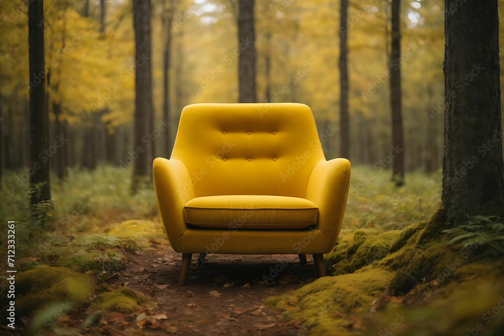 Fototapeta premium Yellow sofa in the forest with yellow theme
