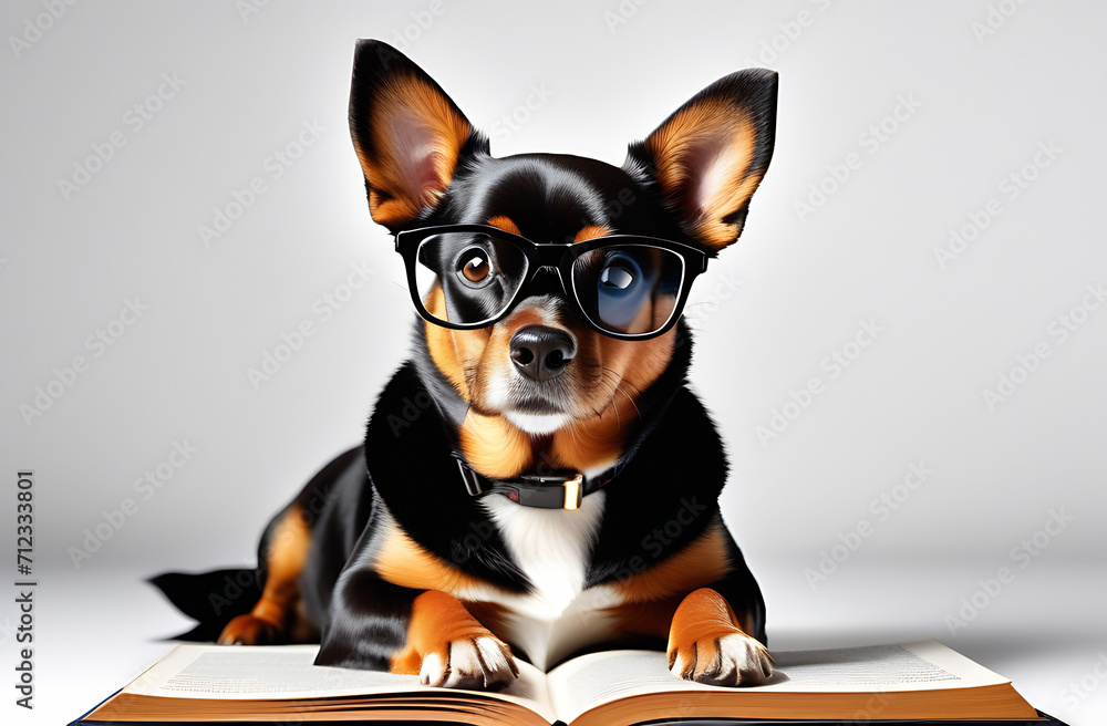 dog with glasses sitting in front of an open book reading on a gray  background front view looking at the camera