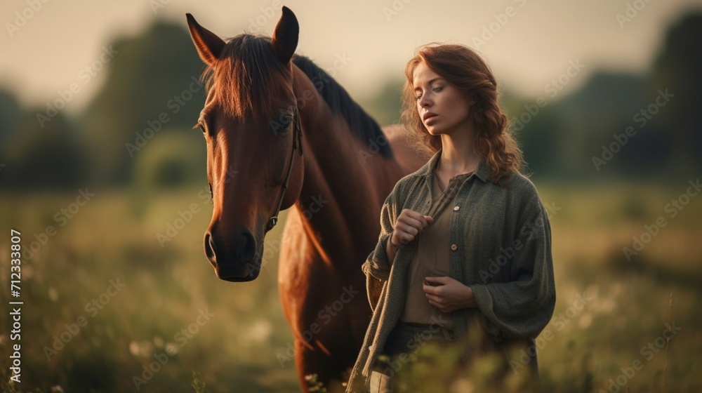 Obraz premium A woman standing in front of a horse