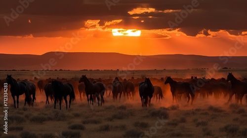 Horses in the forest at sunset