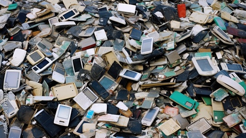 Electronic waste. A pile of obsolete mobile devices junk. Generative ai