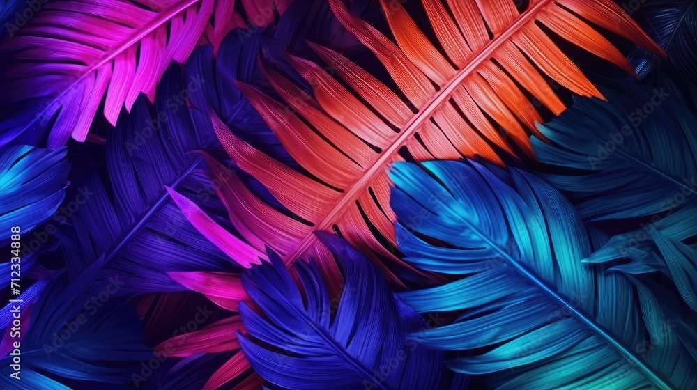 Fototapeta premium Creative fluorescent colorful tropical leaves pattern background. Generative ai