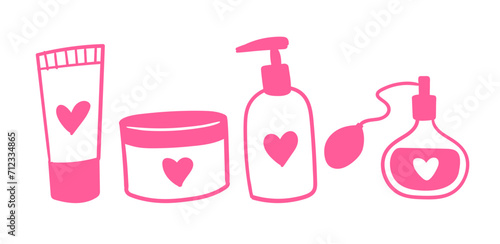 Vector line art pink colored illustration set of cream and lotion bottles with heart
