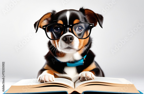 dog with glasses sitting in front of an open book reading on a gray  background front view looking at the camera