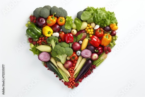 Vegetables and fruits are arranged into the shape of a heart on a white background. Generative ai