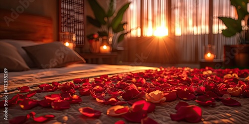 Romantic Sunset  Rose Petals Adorning the Bed - Warm Atmosphere - Capture the Intimate Ambiance in the Glow of a Sunset Romance