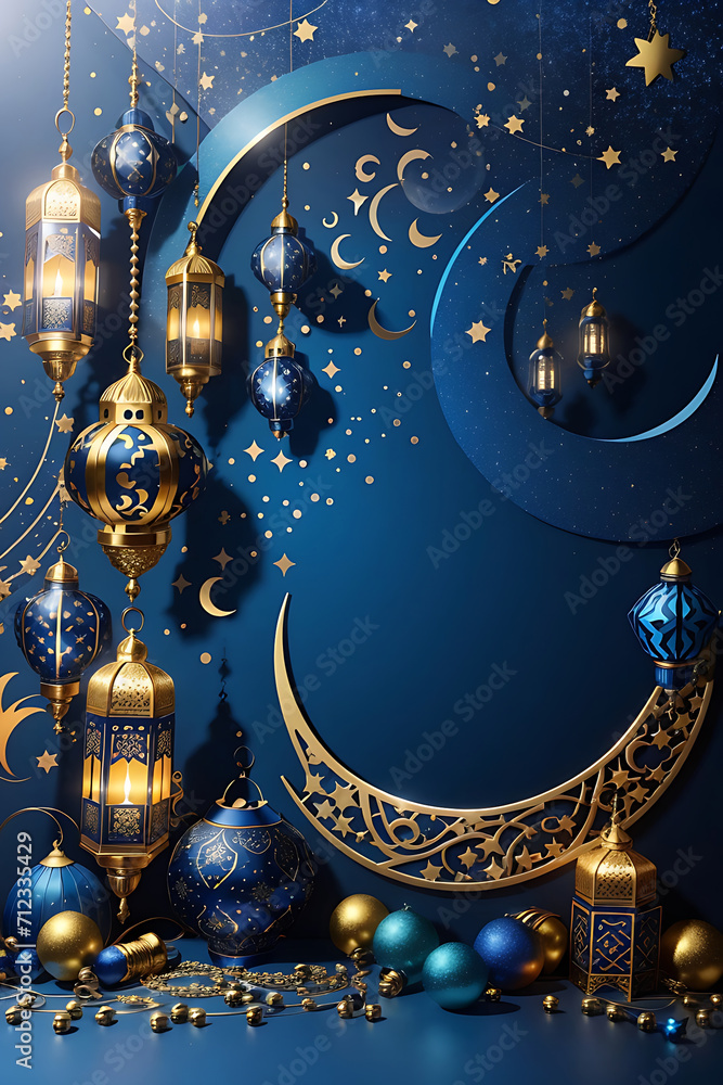 Ramadan greeting card design of crescent moon decoration and lanterns with copy space area banner design.