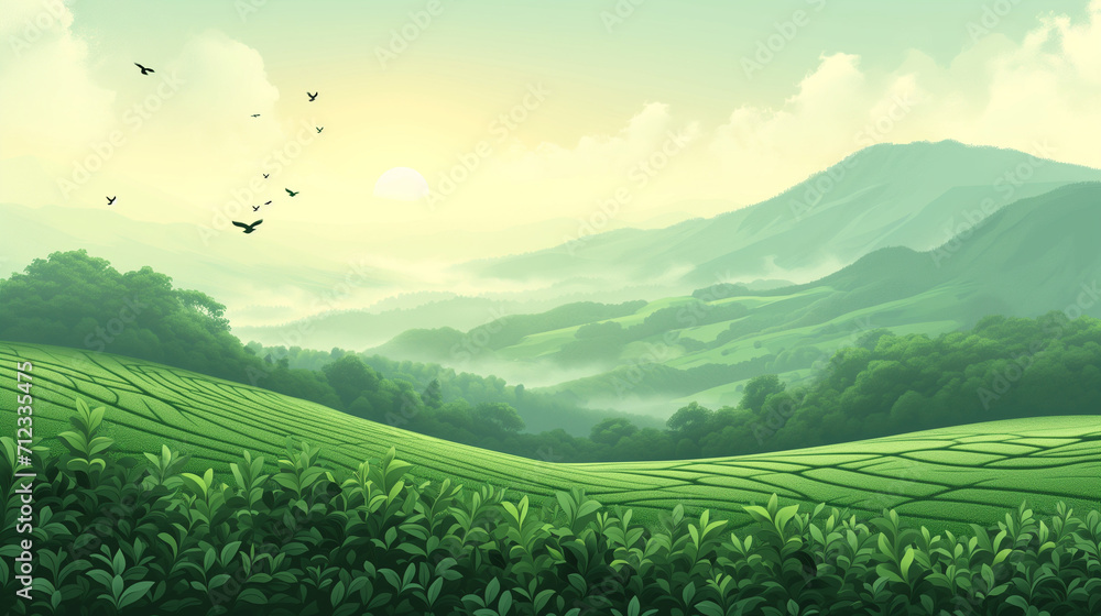 Green tea plantation landscape. Rural farmland fields, Terraced farmer, hills with greenery and mountain on horizon - obrazy, fototapety, plakaty 
