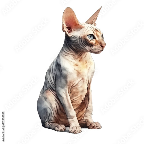 Hairless cat on transparent isolate  cat watercolor painting collection  pet cat clipart for kids  printable animal stickers  children s book illustration