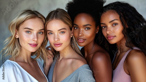 A diverse group of stunning women showcasing natural beauty and radiant, flawless skin. Creative concept of choosing foundation depending on skin color, palette of foundation.