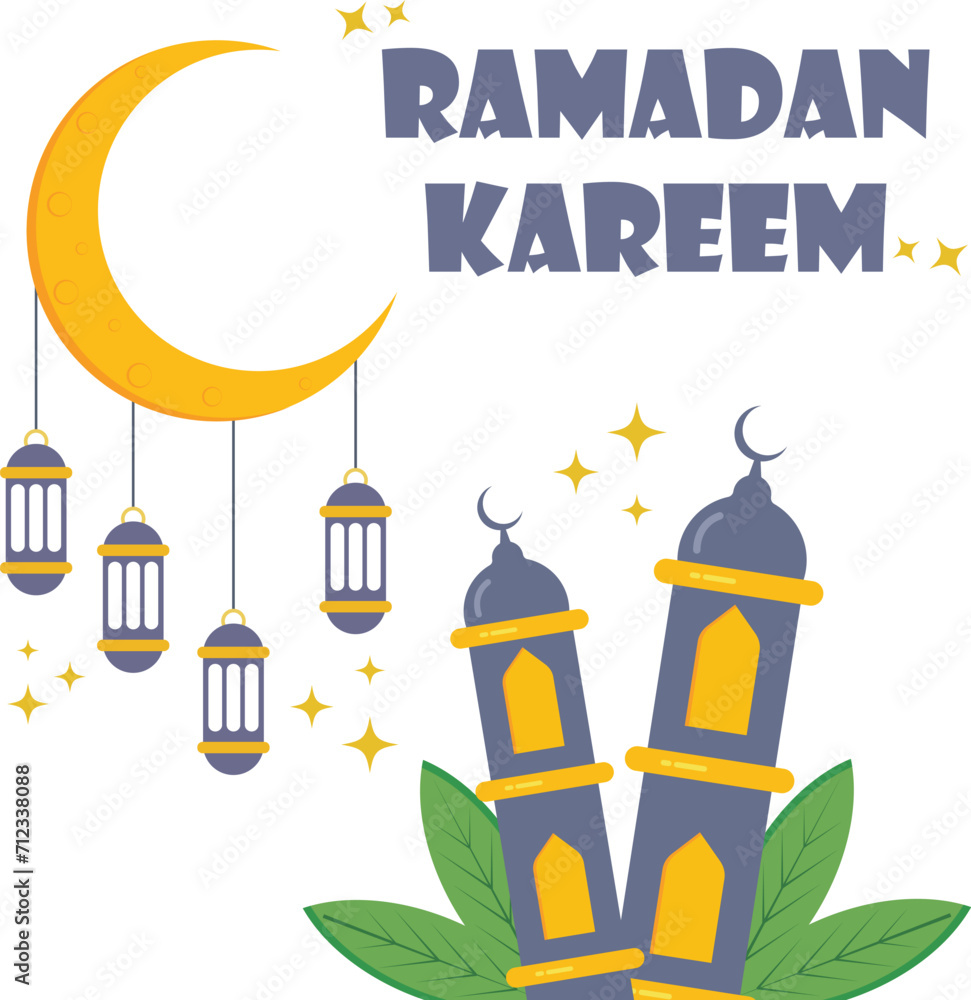 Illustration of the crescent of the holy month of Ramadan with the mosque minaret and lantern, professionally drawn on a white background