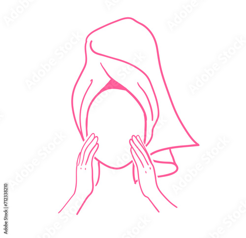 Vector pink colored illustration sketch of woman applying cream wrapped with towel