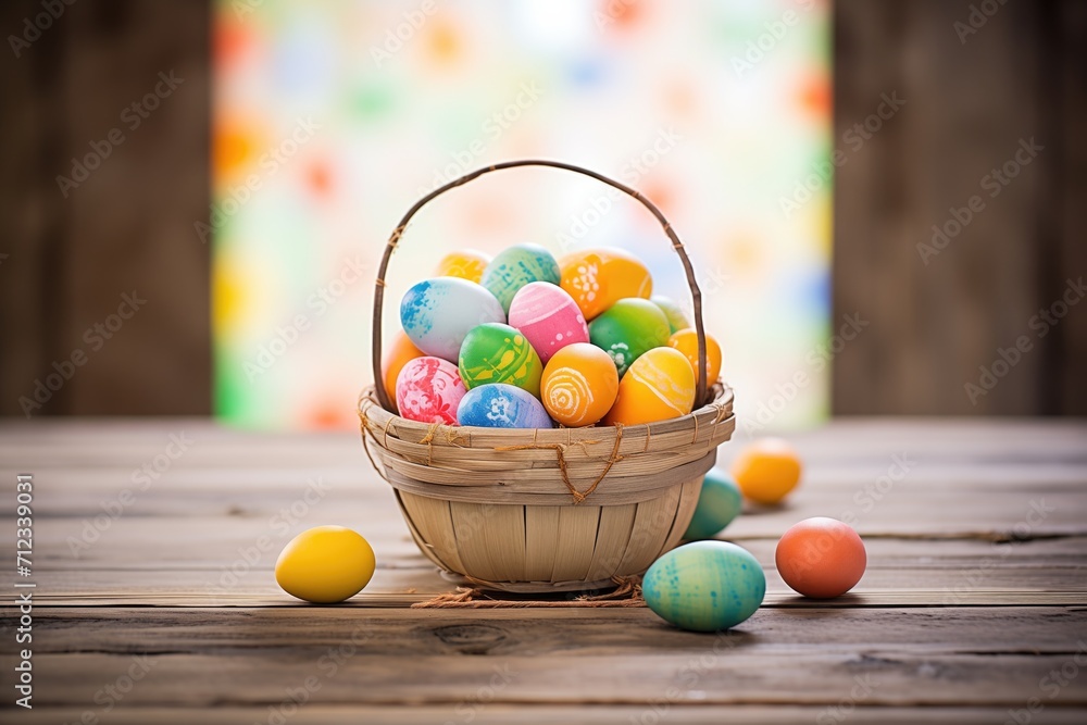basket overflowing with colorful eggs on a rustic wooden table basket overflowing with colorful eggs on a rustic wooden table