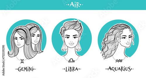 Air zodiac signs girls collection. Vector illustration of beautiful women. Gemini, Libra and Aquarius horoscope set.