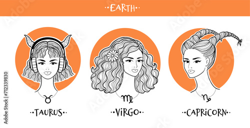 Earth zodiac signs girls collection. Vector illustration of beautiful women. Taurus, Virgo and Capricorn horoscope set.