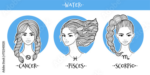 Water zodiac signs girls collection. Vector illustration of beautiful women. Scorpio, Cancer and Pisces horoscope set.