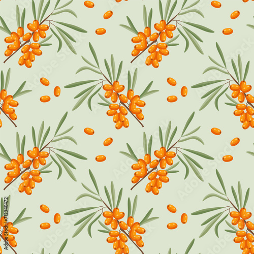 Seamless pattern, sea buckthorn branches and sea buckthorn berries on a light background. Print, background, vector