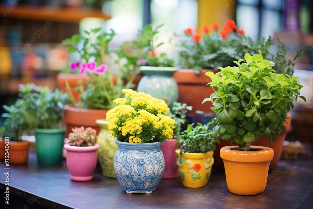 colorful ceramic pots with basil, thyme, and parsley